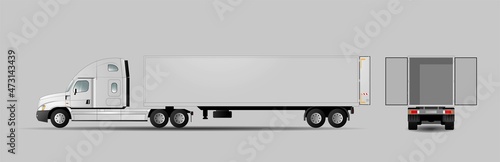 Modern American truck with open trailer doors. Side and back views. Delivery van isolated. Vector illustration.