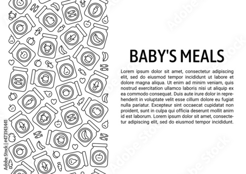 Vertical pattern with jars of baby's meals. Fruit, meat and vegetable puree with corn, pumpkin, apple, banana, carrot, pear, fish, peach, beef and chicken. Vector background with place for text 