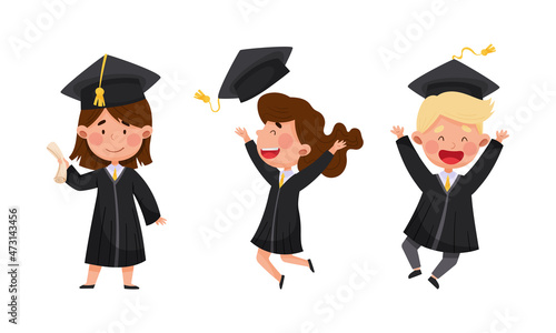 Happy kids students in graduation gown and cap jumping happily at graduation ceremony vector illustration