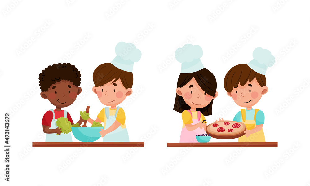 Cute kid chef characters set. Cheerful children little preparing tasty dishes in kitchen cartoon vector illustration Cute kid chef characters set. Cheerful children little preparing tasty dishes in kitchen cartoon vector illustration