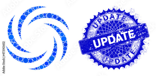 Whirl rotation vector mosaic of dots in variable sizes and blue color tinges, and grunge Update stamp seal. Blue round sharp rosette stamp seal includes Update caption inside.