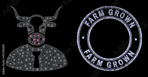 Light polygonal mesh web cow boss icon with glare effect on a black background, and round Farm Grown textured seal imitation. Vector carcass based on cow boss icon, white mesh net used.