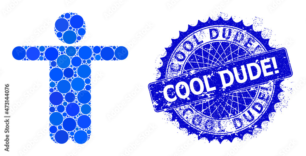 Welcome man vector composition of dots in various sizes and blue color tinges, and scratched Cool Dude! stamp seal. Blue round sharp rosette stamp has Cool Dude! caption inside it. Welcome man vector composition of dots in various sizes and blue color tinges, and scratched Cool Dude! stamp seal. Blue round sharp rosette stamp has Cool Dude! caption inside it.