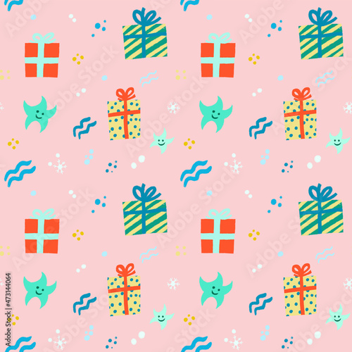 Seamless tropical pattern for kids on the subject of tropical Christmas. Colorful design for print and web. 