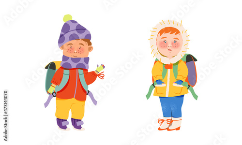 Cute little boy and girl in winter outfit walking with backpacks cartoon vector illustration