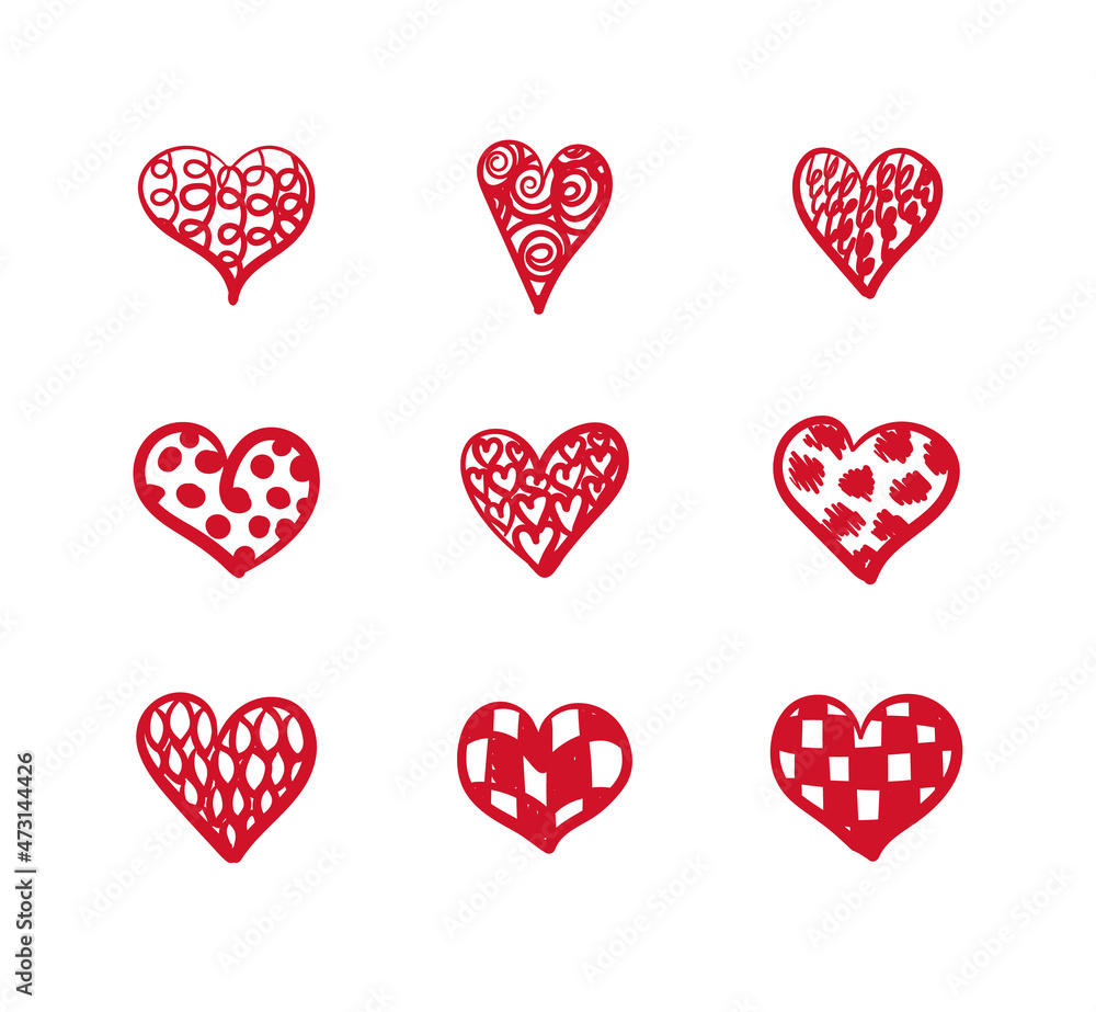 Set of Doodle Cute Textured Hearts Isolated on White Background, Red Hand Drawn. Set of Doodle Cute Textured Hearts Isolated on White Background, Red Hand Drawn.