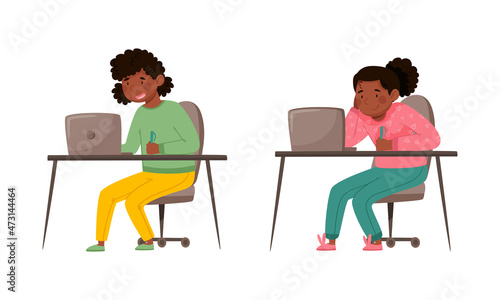 Children studying online and communicating with classmates via video conference on laptop computer. cartoon vector illustration
