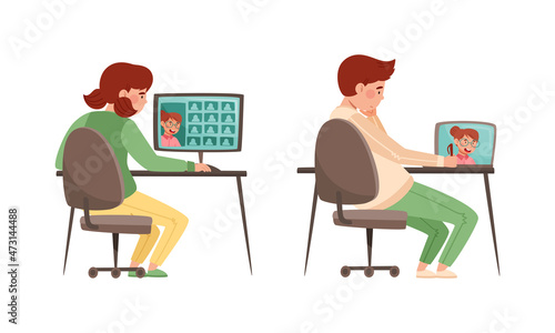Boy and girl studying online and communicating with classmates via video conference on laptop computer cartoon vector illustration
