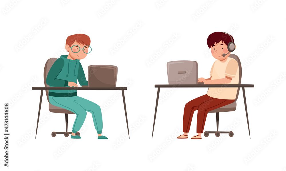 Teenage boys studying online and communicating with classmates via video conference on laptop computer. Distance education during quarantine cartoon vector illustration Teenage boys studying online and communicating with classmates via video conference on laptop computer. Distance education during quarantine cartoon vector illustration