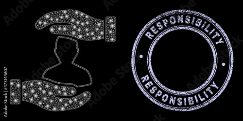 Glare polygonal mesh web customer care hands icon with glare effect on a black background, and round Responsibility rubber stamp seal. Vector constellation is created from customer care hands icon,