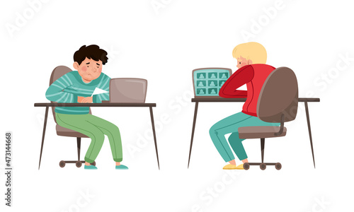 Teenage students studying online and communicating with laptop computer. Distance education during quarantine cartoon vector illustration
