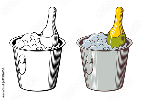 Bottle of sparkling wine in ice bucket. Retro style vector illustration in two variations: colored and outline