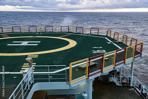 The helipad of the ship. Helipad on the ship at sunset.