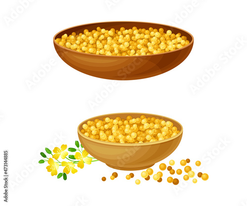 Wooden bowls of mustard seeds set. Natural organic healthy product vector illustration