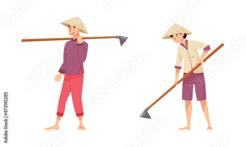 Asian farmers working on farm set. Peasants in straw conical hats working with hop on field cartoon vector illustration