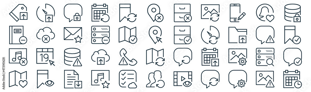 interaction set thin line icon set such as pack of simple bookmark, server, database, bookmark, music player, mail, user icons for report, presentation, diagram, web design