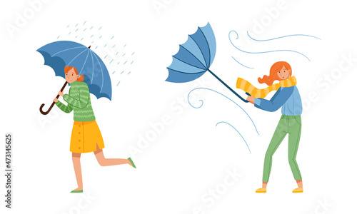 People walking with umbrellas on rainy windy day. Girls in casual outfit holding umbrella cartoon vector illustration