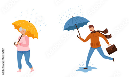 People walking with umbrellas set. Elderly woman and young man in casual autumn outfit holding umbrella on rainy day cartoon vector illustration