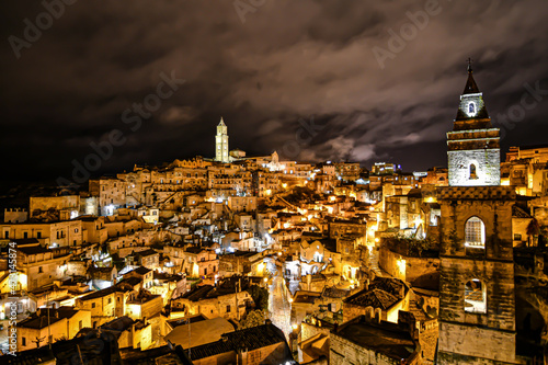 Night view of Matera, an ancient city built into the rock. It is located in the Basilicata region, Italy.