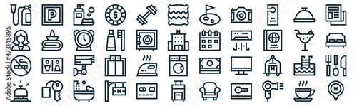 hotel thin line icon set such as pack of simple dumbbell, toothbrush, cctv, hotel key, no smoking, clock, foods icons for report, presentation, diagram, web design