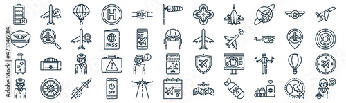 aviation thin line icon set such as pack of simple seat belt, passport, pilot, turbine, suitcase, flight time, badge icons for report, presentation, diagram, web design photo