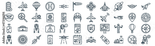 aviation thin line icon set such as pack of simple seat belt, passport, pilot, turbine, suitcase, flight time, badge icons for report, presentation, diagram, web design