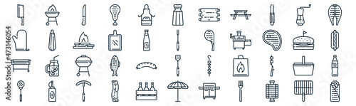 barbecue thin line icon set such as pack of simple apron, cutting board, grill, mustard, brazier, bonfire, salt icons for report, presentation, diagram, web design