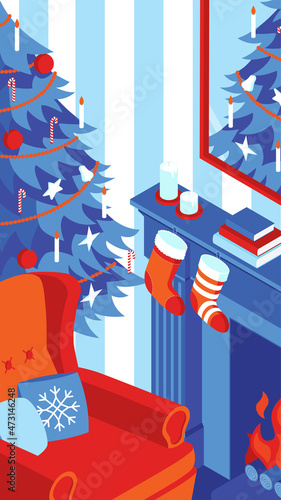Colorful isometric Christmas illustration showing an interior with furniture, fireplace and Christmas decorations. Vector illustration in flat design. Holiday season picture in red, blue and white.
