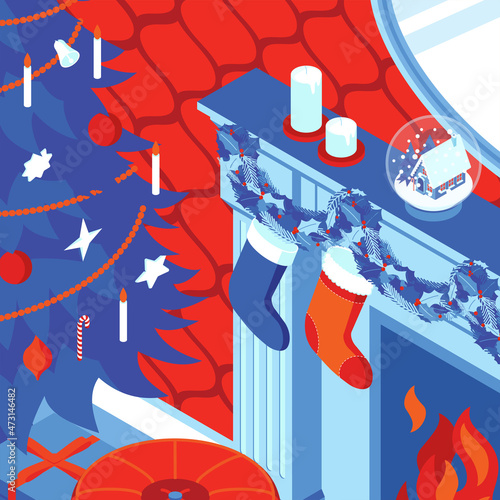Colorful isometric Christmas illustration showing an interior with furniture, fireplace and Christmas decorations. Vector illustration in flat design. Holiday season picture in red, blue and white.
