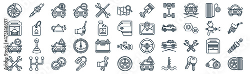 car garage thin line icon set such as pack of simple repair, screwdriver, warning, gearshift, car, oil, pressure icons for report, presentation, diagram, web design