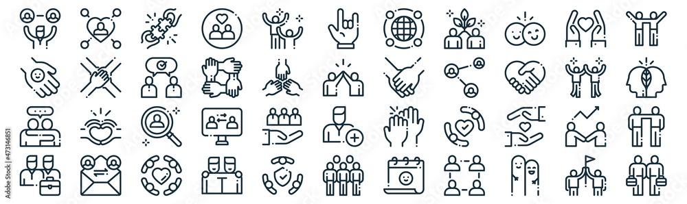 friendship thin line icon set such as pack of simple happiness, together, find my friend, mailing, friendship, conversation, respect icons for report, presentation, diagram, web design - obrazy, fototapety, plakaty 