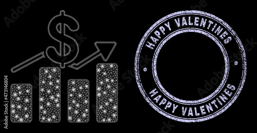 Majestic polygonal mesh net dollar trends icon with glare effect on a black background with round Happy Valentines corroded badge. Vector carcass created from dollar trends icon,