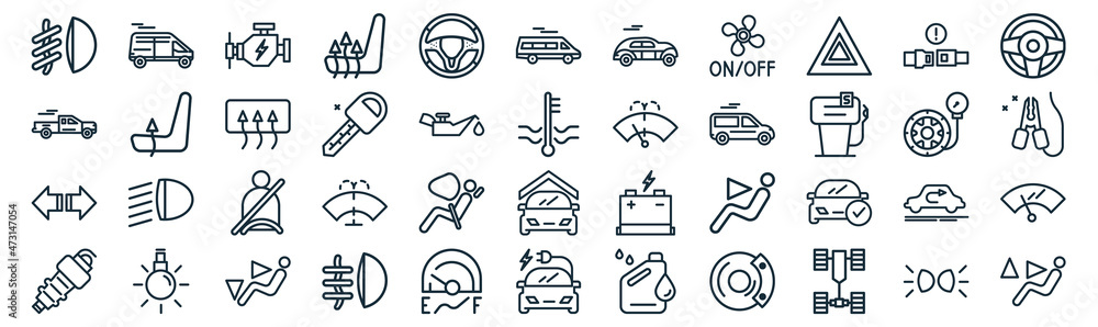 auto thin line icon set such as pack of simple stee wheel, car key, seat belt, light, , defrost, buckle icons for report, presentation, diagram, web design