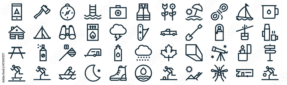 outdoor activities thin line icon set such as pack of simple first aid kit, matches, butterfly net, running, picnic, binoculars, sailboat icons for report, presentation, diagram, web design outdoor activities thin line icon set such as pack of simple first aid kit, matches, butterfly net, running, picnic, binoculars, sailboat icons for report, presentation, diagram, web design