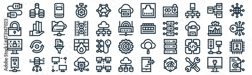 database and servers thin line icon set such as pack of simple network, data processing, data, database, data, folder, cluster icons for report, presentation, diagram, web design