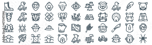 jungle thin line icon set such as pack of simple crocodile, flower, hunter, leaf, trees, tiger, leaf icons for report, presentation, diagram, web design