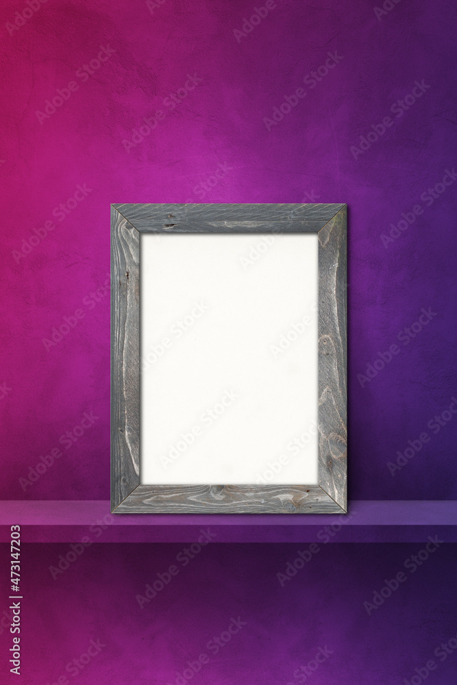 Wooden picture frame leaning on a purple shelf. 3d illustration. Vertical background Wooden picture frame leaning on a purple shelf. 3d illustration. Vertical background