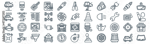car repair thin line icon set such as pack of simple damper, chassis, diagtic, spray gun, motor, brake pedal, spark plug icons for report, presentation, diagram, web design