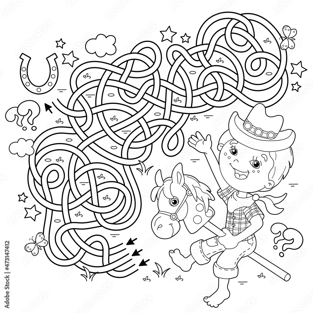 Maze or Labyrinth Game. Puzzle. Tangled road. Coloring Page Outline Of  cartoon Boy playing cowboy with toy horse. Housework and cleaning, Coloring  book for kids. Stock Vector | Adobe Stock