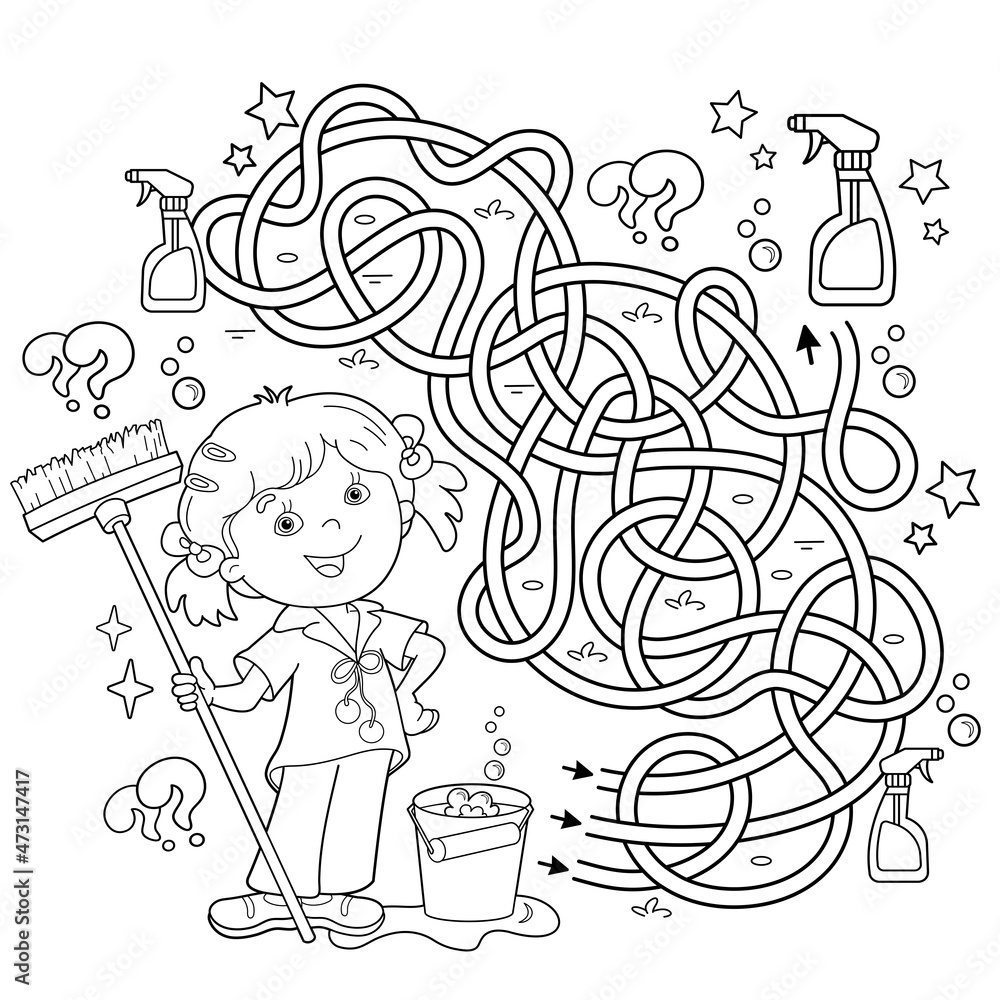 Maze or Labyrinth Game. Puzzle. Tangled road. Coloring Page Outline Of  cartoon girl with mop and bucket. Housework and cleaning. Coloring book for  kids. Stock Vector | Adobe Stock