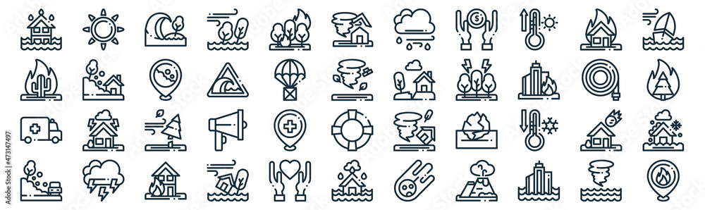 natural disaster thin line icon set such as pack of simple burning, nature, bad weather, bolt, ambulance, , fire icons for report, presentation, diagram, web design natural disaster thin line icon set such as pack of simple burning, nature, bad weather, bolt, ambulance, , fire icons for report, presentation, diagram, web design