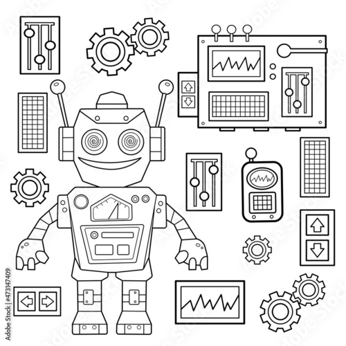 Coloring Page Outline Of cartoon robot for children. Vector. Set of mechanisms, gears and controllers. Coloring book for kids.