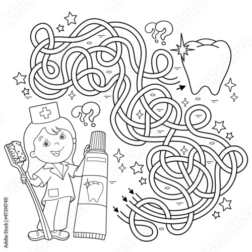 Maze or Labyrinth Game. Puzzle. Tangled road. Coloring Page Outline Of cartoon doctor with toothbrush and toothpaste. Coloring book for kids.