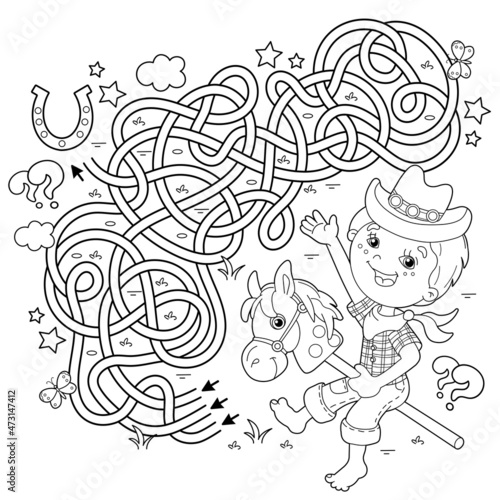 Maze or Labyrinth Game. Puzzle. Tangled road. Coloring Page Outline Of cartoon Boy playing cowboy with toy horse. Housework and cleaning, Coloring book for kids.