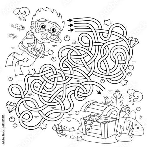 Maze or Labyrinth Game. Puzzle. Tangled road. Coloring Page Outline Of cartoon boy scuba diver with chest of treasure. Marine photography or shooting. Underwater world. Coloring book for kids.