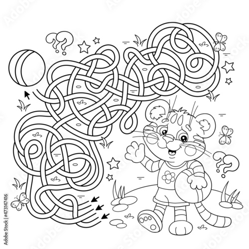 Maze or Labyrinth Game. Puzzle. Tangled road. Coloring Page Outline Of cartoon little tiger cub with ball. Coloring book for kids.
