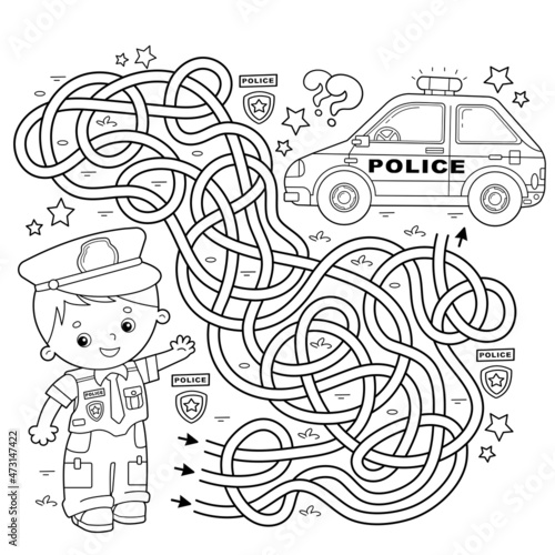 Maze or Labyrinth Game. Puzzle. Tangled road. Coloring Page Outline Of cartoon policeman with car. Profession - police. Coloring book for kids.