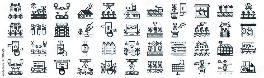 smart farm thin line icon set such as pack of simple harvest, seeding, smartphone, farming, farming, harvest, windmill icons for report, presentation, diagram, web design