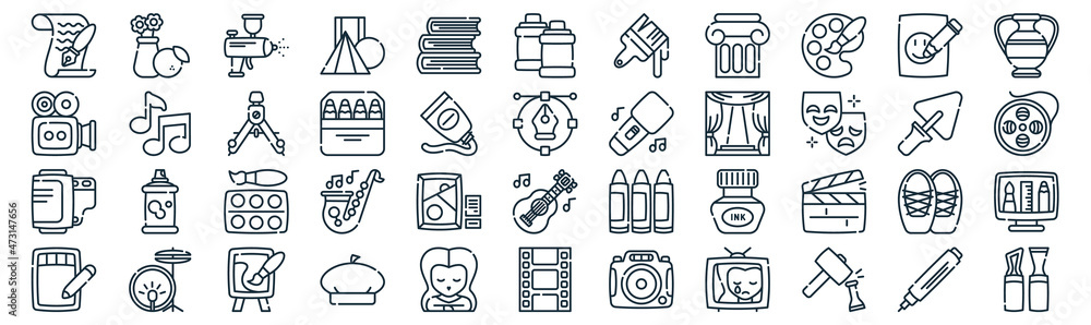 fine arts thin line icon set such as pack of simple books, pencils, watercolor, drum, film roll, compass, sketch icons for report, presentation, diagram, web design fine arts thin line icon set such as pack of simple books, pencils, watercolor, drum, film roll, compass, sketch icons for report, presentation, diagram, web design