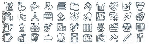 fine arts thin line icon set such as pack of simple books, pencils, watercolor, drum, film roll, compass, sketch icons for report, presentation, diagram, web design